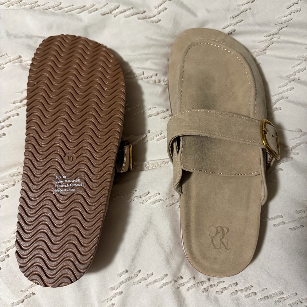 New York & Company Taupe Suede Slip-On Mule with Gold Buckle
